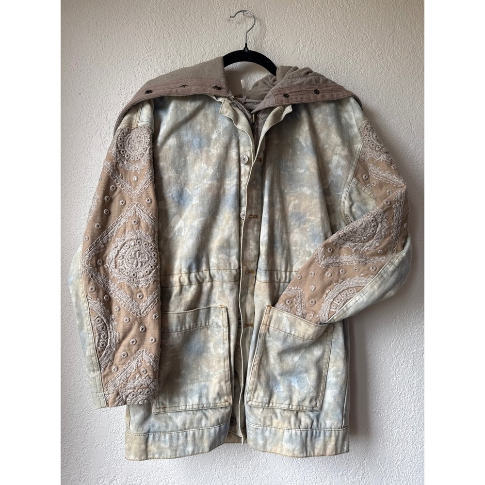 Free People Embroidered Eyelet Acid Wash Utility Jacket Hooded Tan Blue XS